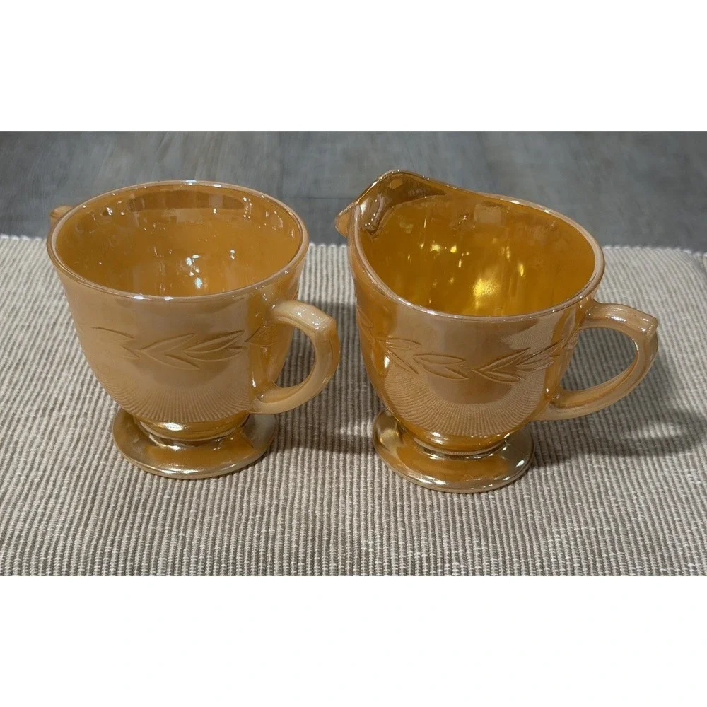 Fire King Oven Ware Peach Luster / Laurel Leaf Cream and Sugar Bowl Set Vintage